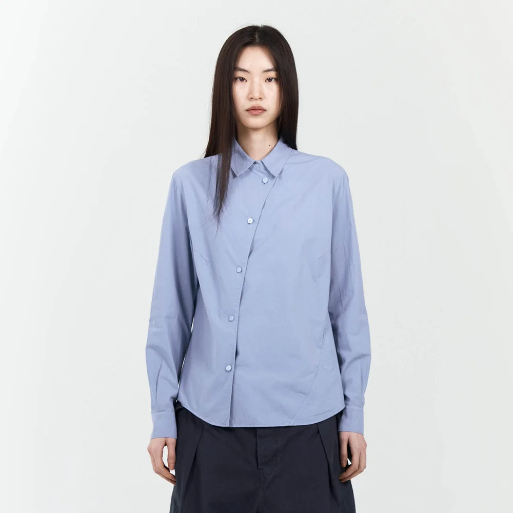 WOMENS GARMENT DYED CURVED SHIRT BLUE