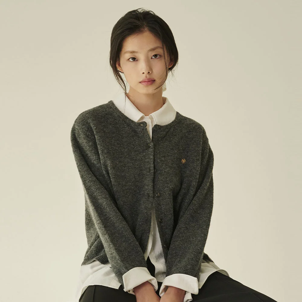 羊毛 圓領 柔軟 開襟外套 - 炭灰色/ Wool Round Soft Cardigan - Chacoal
