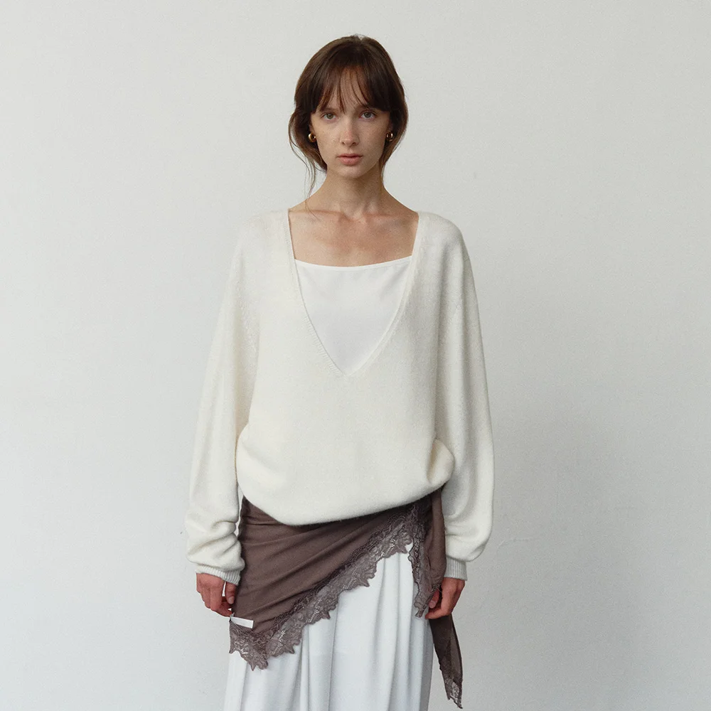CASH WOOL DEEP V_NECK KNIT_IVORY