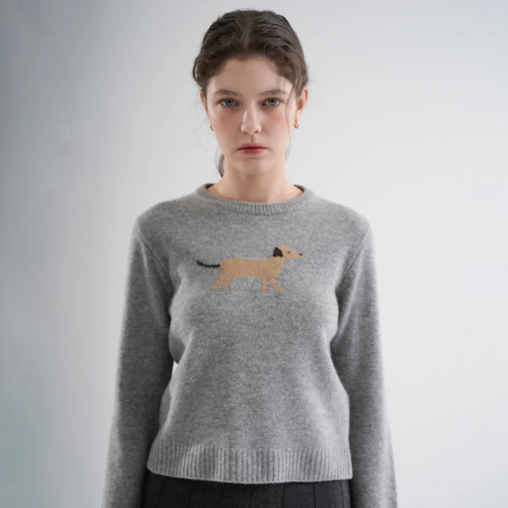 Wool 100% Puppy Slim Fit Intarsia Round Knit (Gray)
