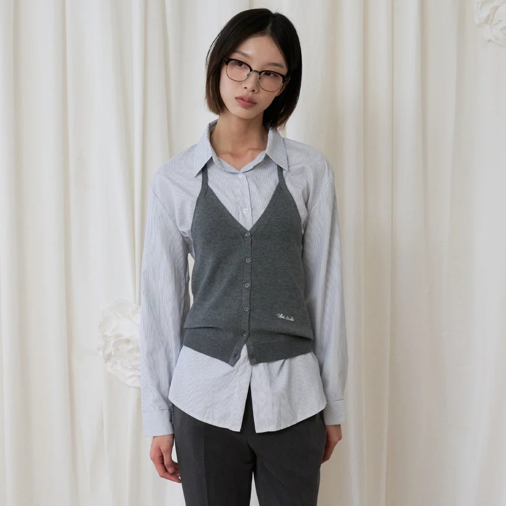 Merino Wool Button Halter V-Neck Knit Vest (Deep Gray)
