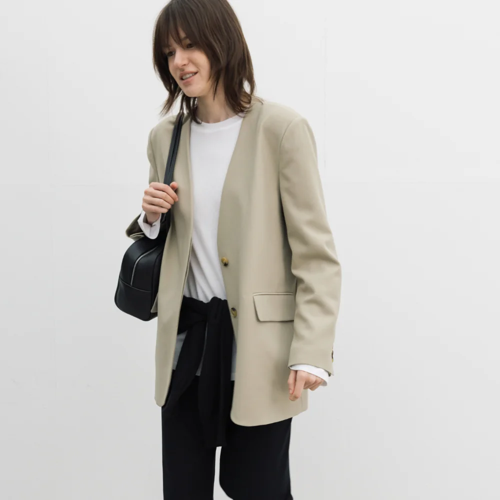 Collarless V-Neck Wool Jacket (Beige)