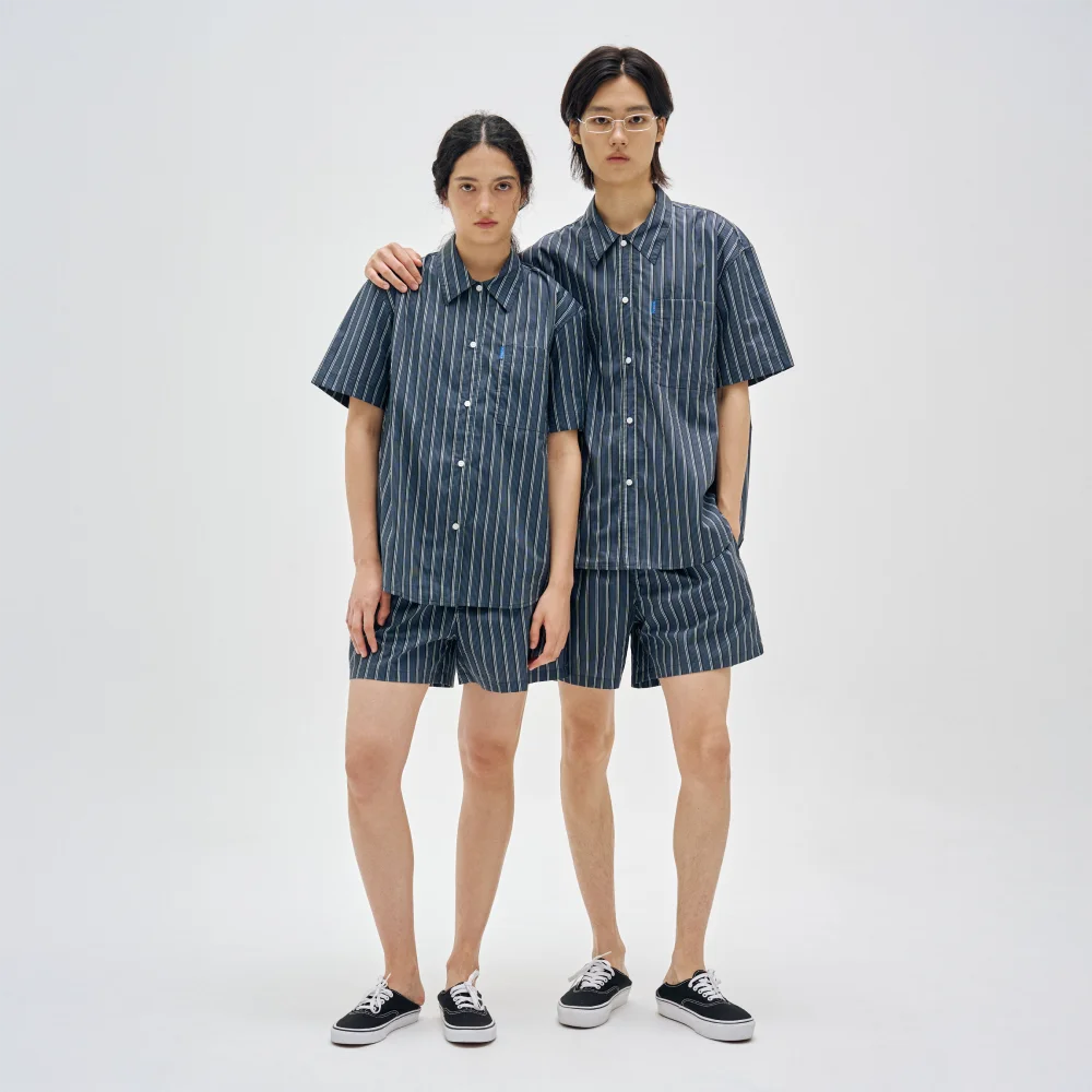經典 家居服 夏季睡衣 套裝_海軍藍 眼影 條紋 2SIZES