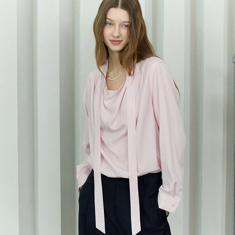 Draped Neck Tie Blouse - Pink