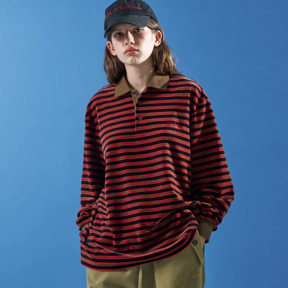 M.C UNISEX, Velvet Stripe PK Shirt / Brown