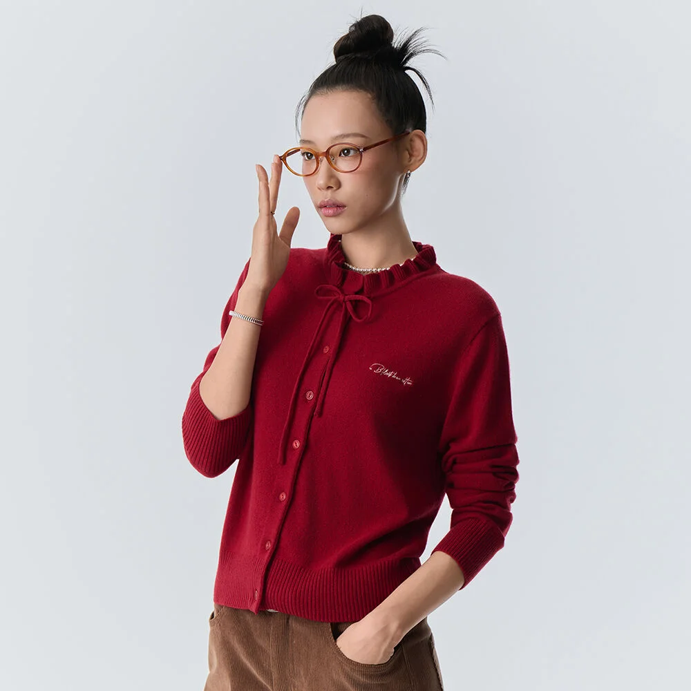 荷葉領 蝴蝶結 針織衫 開襟外套 (Red)