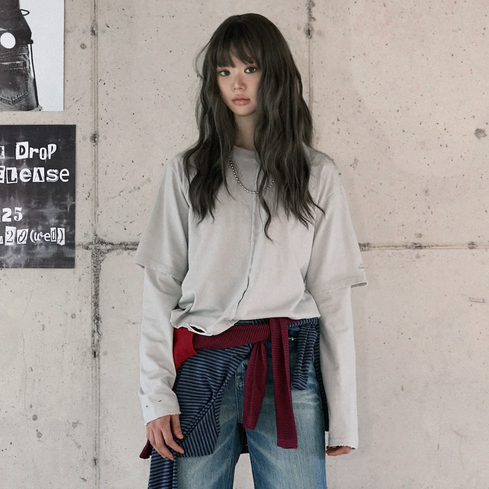 DESTROYED LAYERED T-SHIRT LIGHT GREY BR4CL008