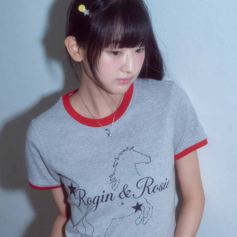 RnR Lettering horse Point Ringer T-shirt Melange gray-Red