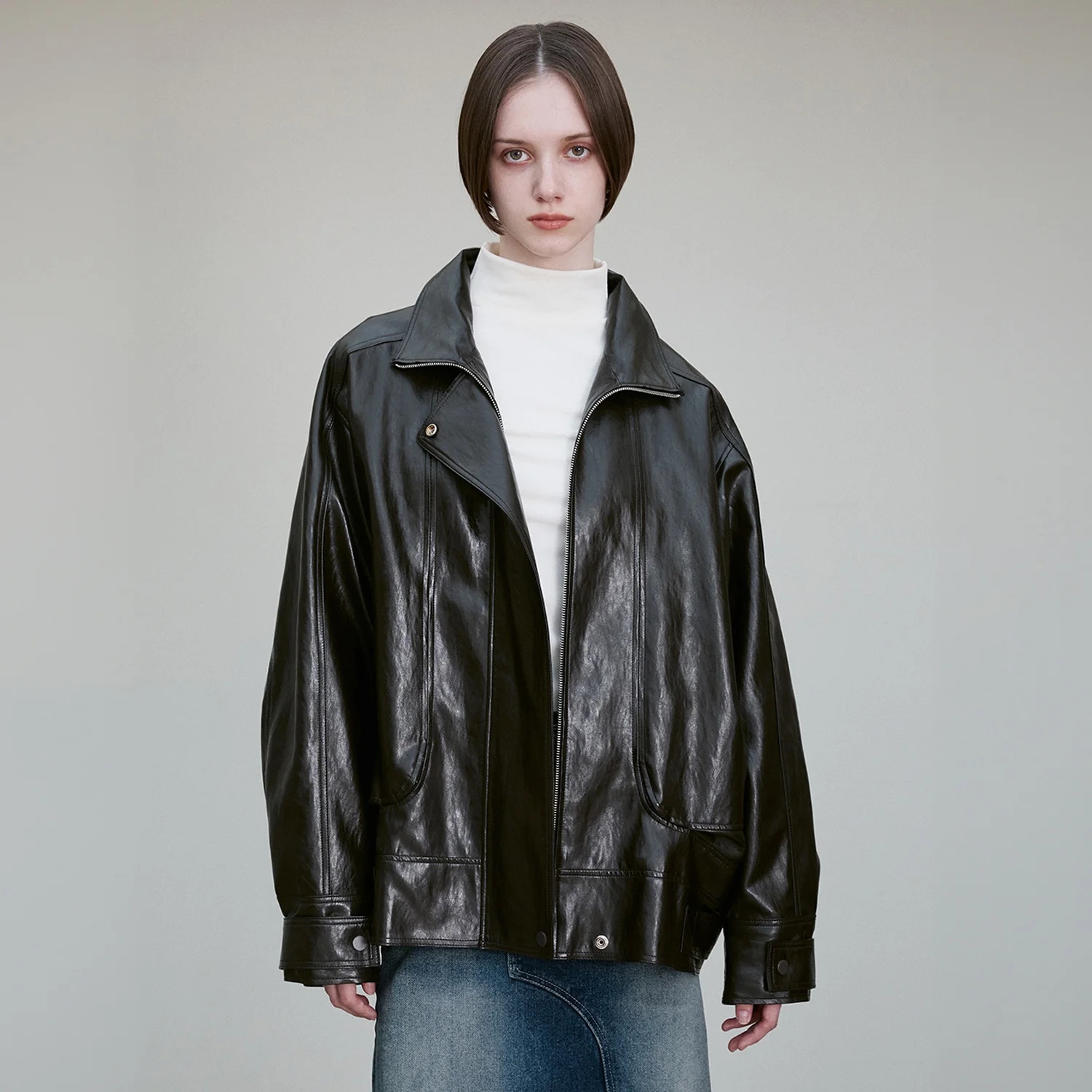 FUNNEL NECK VEGAN LEATHER JACKET