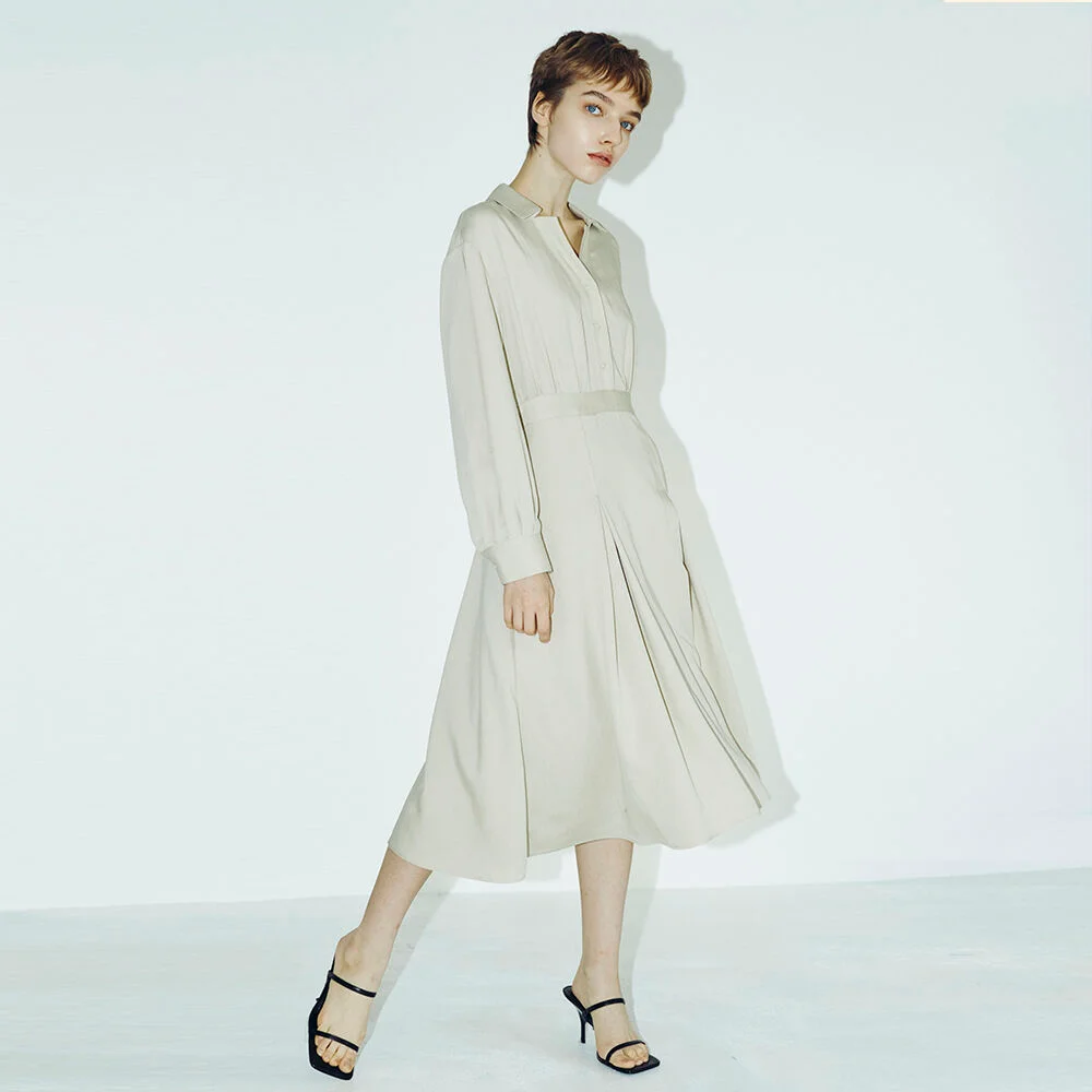 V Neck Collar Button Dress - Light Beige