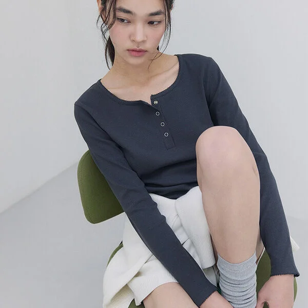 NUBASIC BUTTON LONG SLEEVE T-SHIRT CHARCOAL