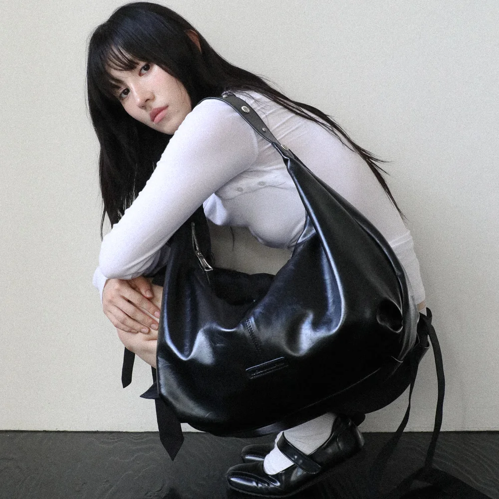 Studded Strap Hobo Bag (Black)