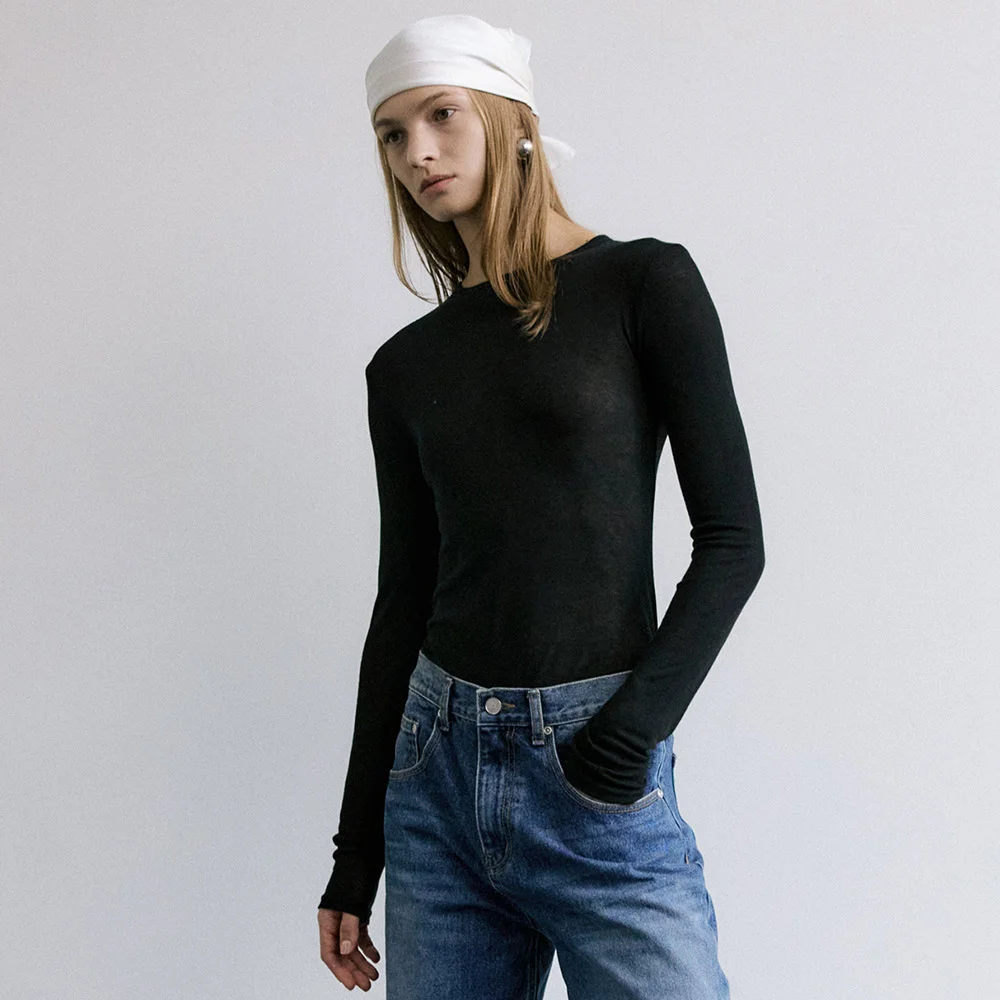 WOOL TENCEL ROUND NECK TEE / BLACK
