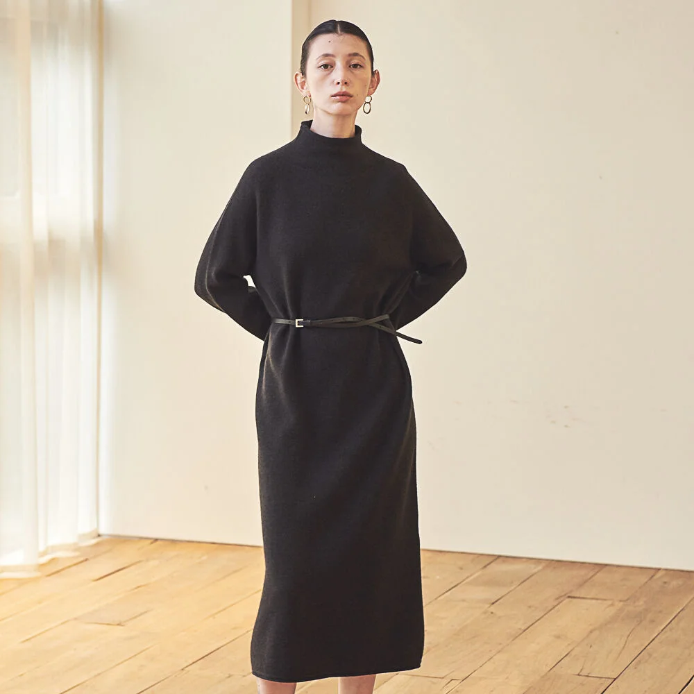 HIGH-NECK CASHMERE LONG KNIT DRESS_BLACK