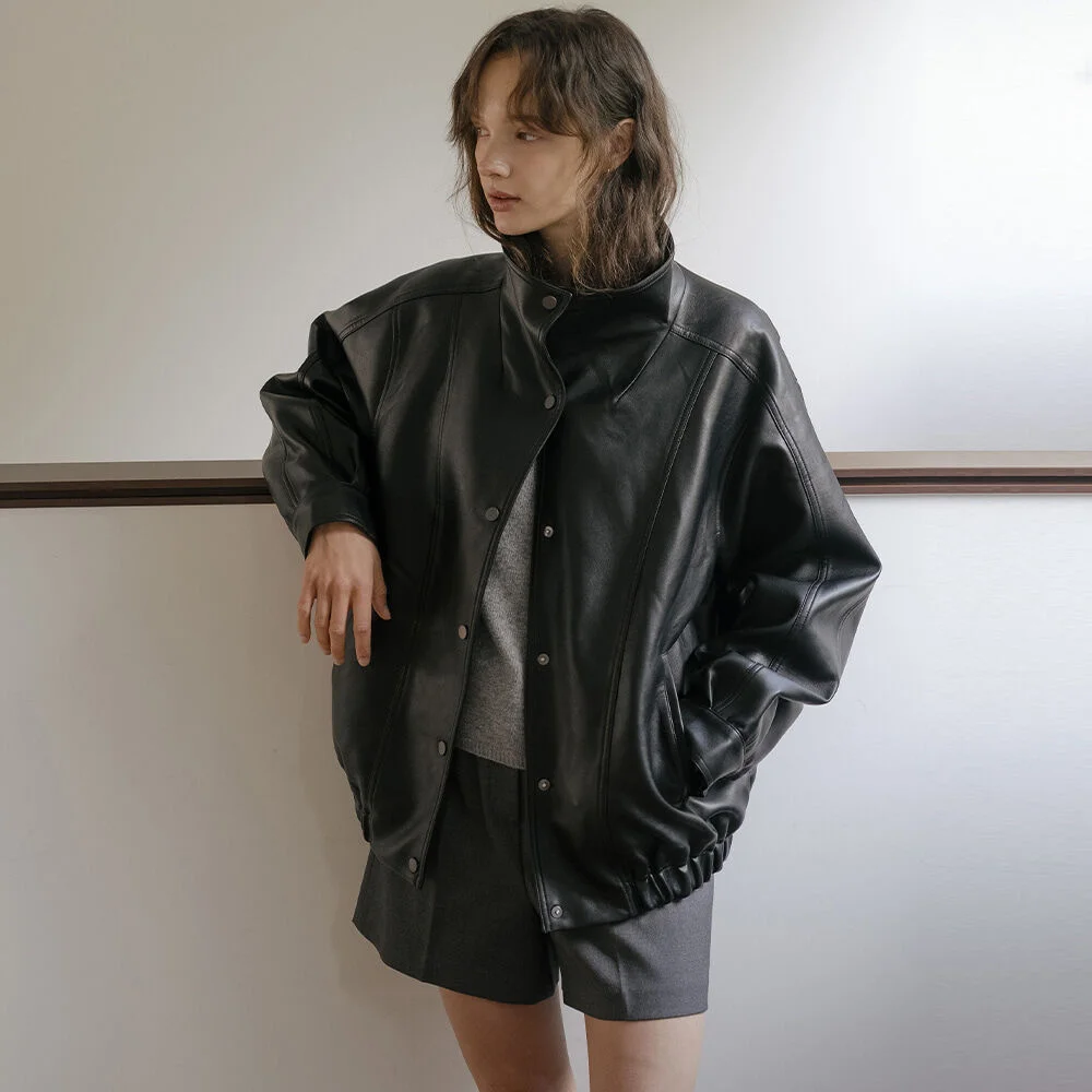Leather quilting high neck blouson _Black