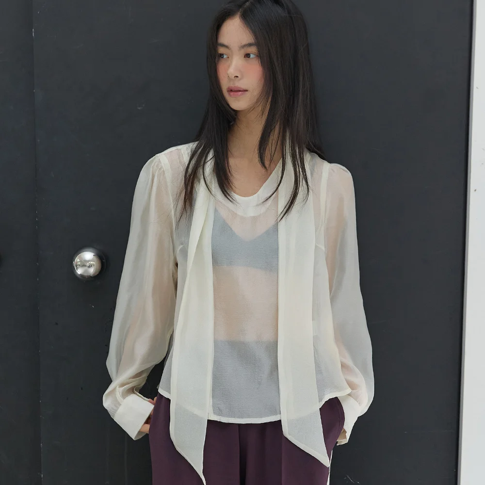 Glow See-through Tie Blouse Ivory
