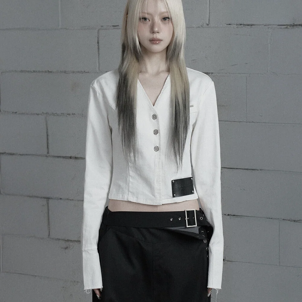 Back Diagonal Eyelet Collarless Crop Jacket (White)