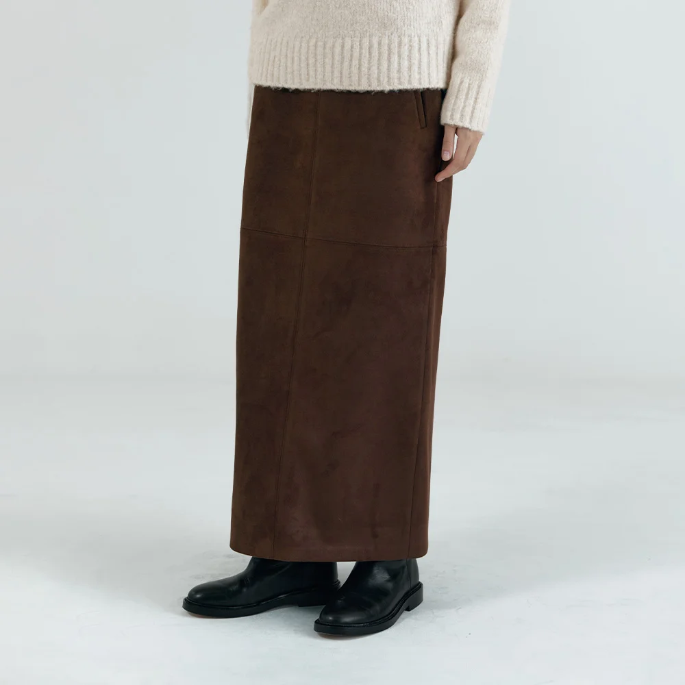 SIST9055 仿真 麂皮 長 半身裙_Dark brown