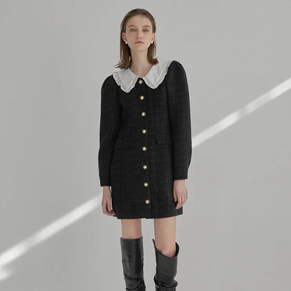 FRILL COLORING COLLAR TWEED DRESS (OP-6000)