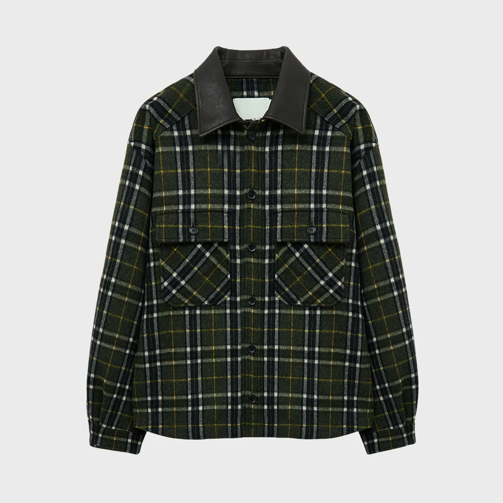 LEATHER COLLAR CHECK WOOL SHIRT JACKET (OLIVE)
