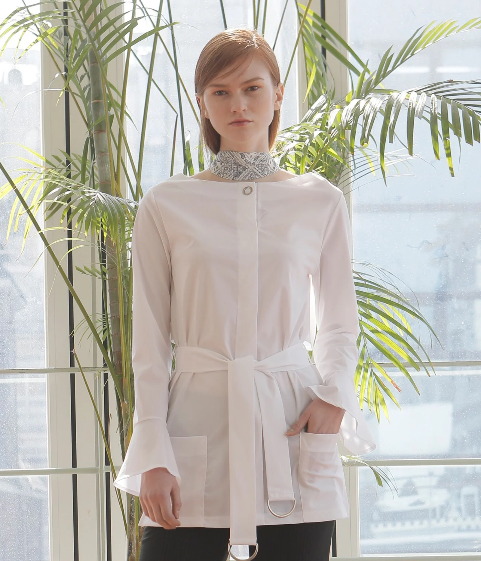 BELTED LONG BLOUSE-WHITE