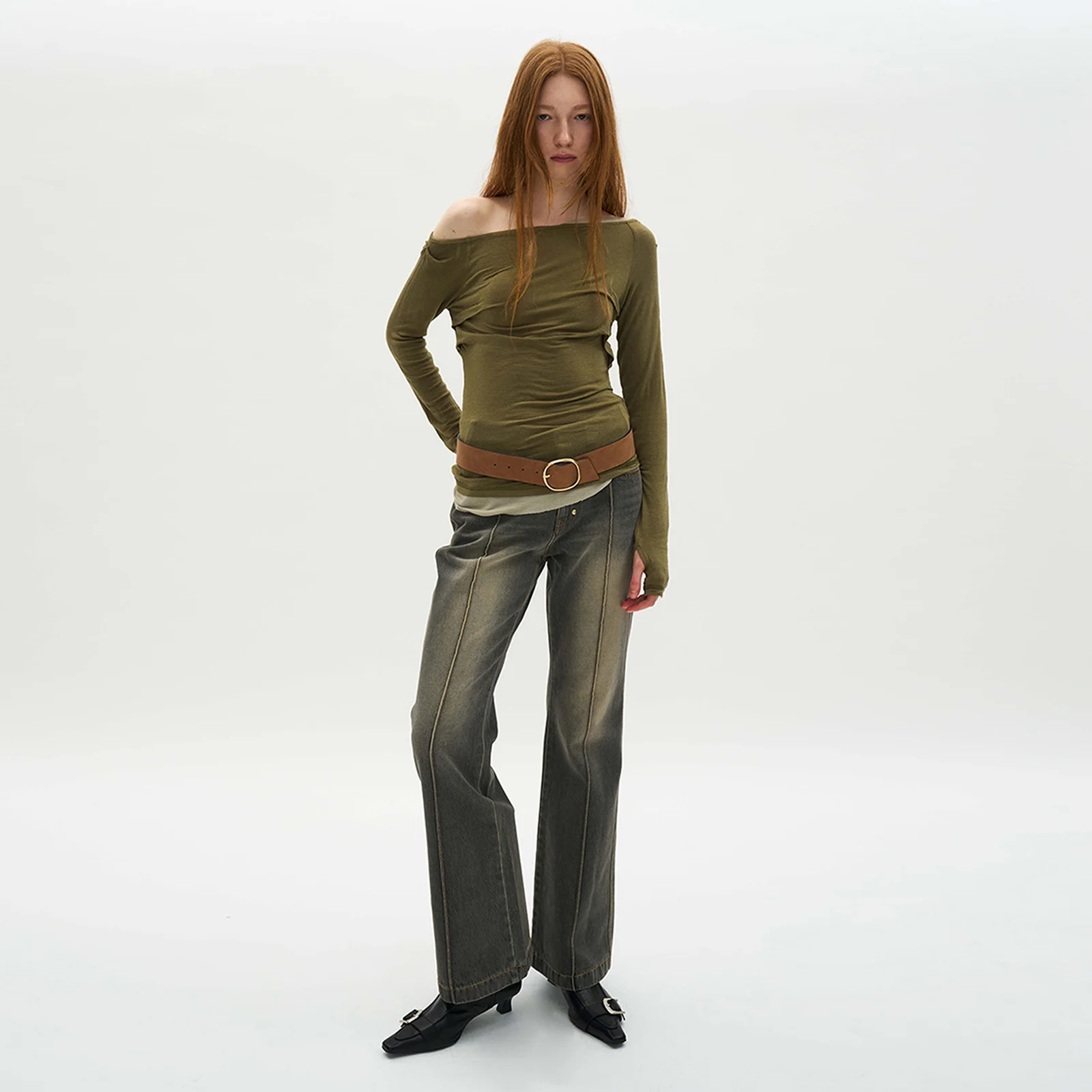 LOWRISE PINTUCK BOOT CUT JEANS_GREY