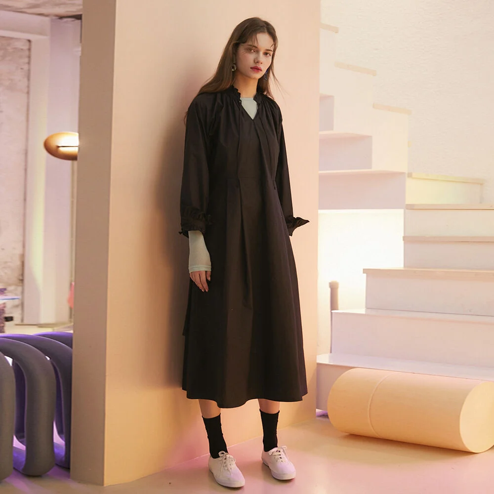 SHIRRING LONG DRESS BLACK