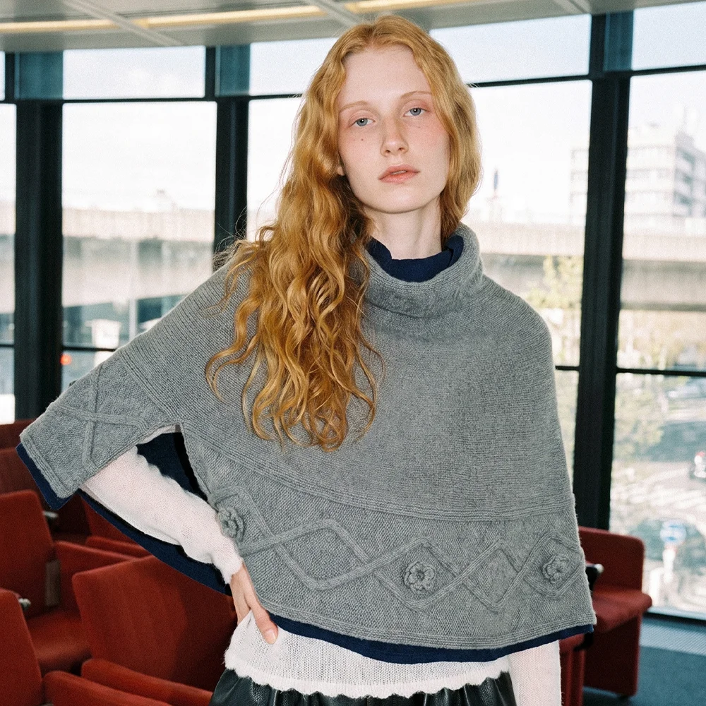High Neck Knit Cape (Grey)