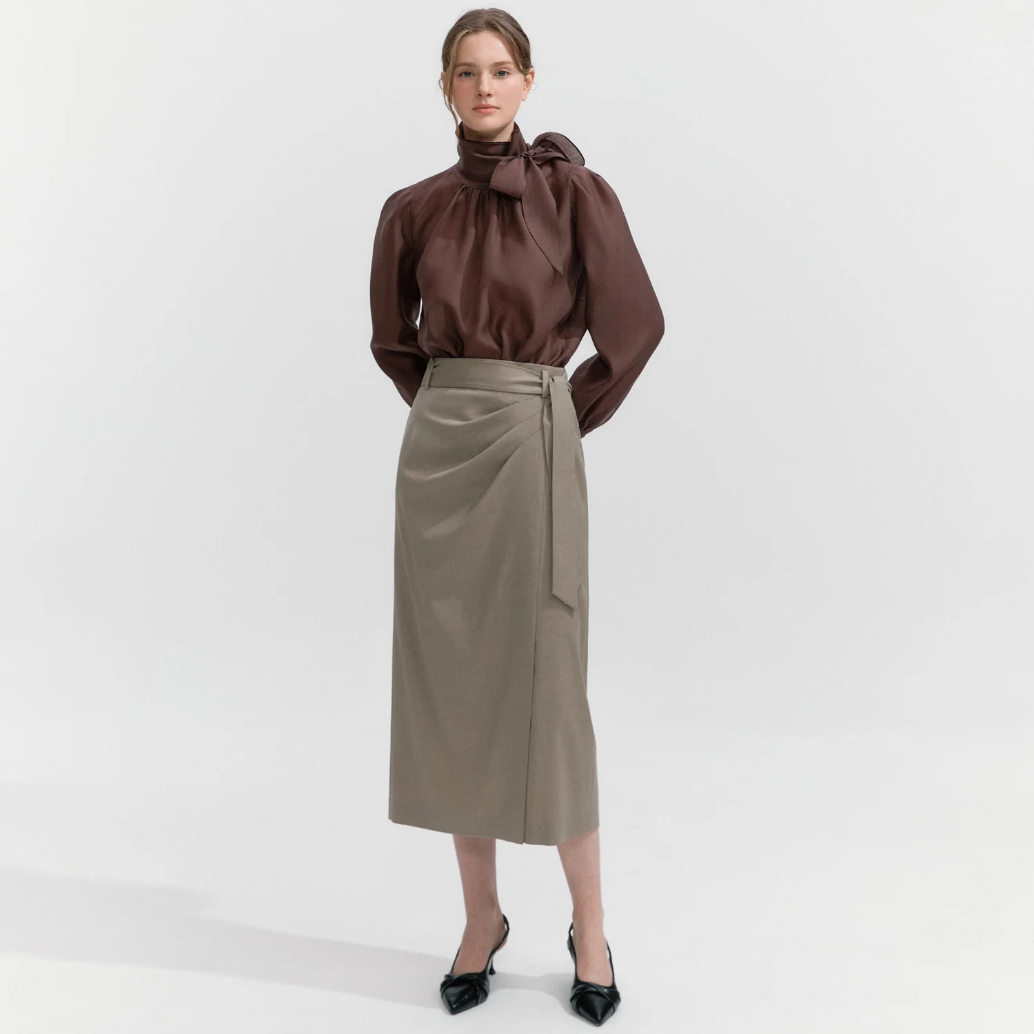 Draped Belted Skirt BEIGE