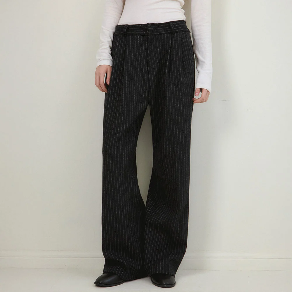 W/Essential Pin Stripe Wool Banding Slacks 2COLOR