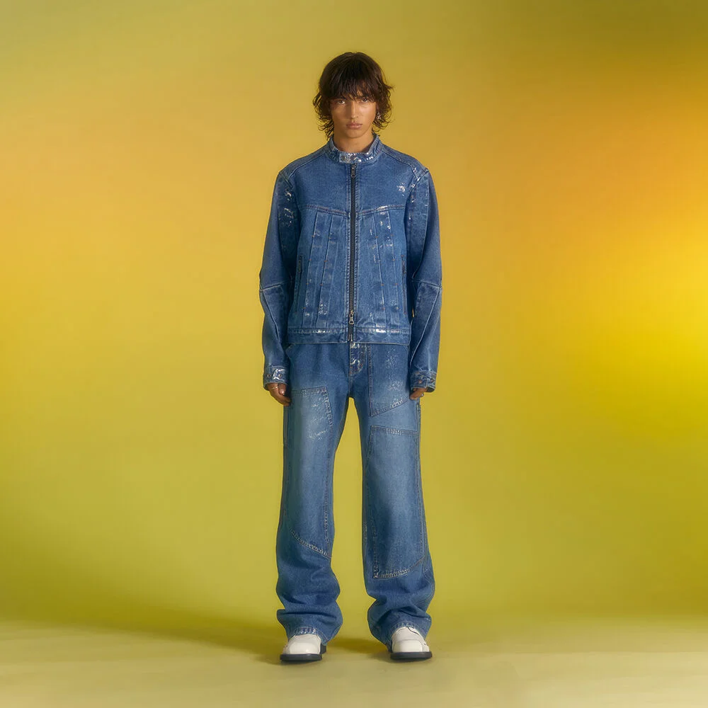 WAX COATED CARPENTER WIDE-LEG JEANS apa685m(BLUE)