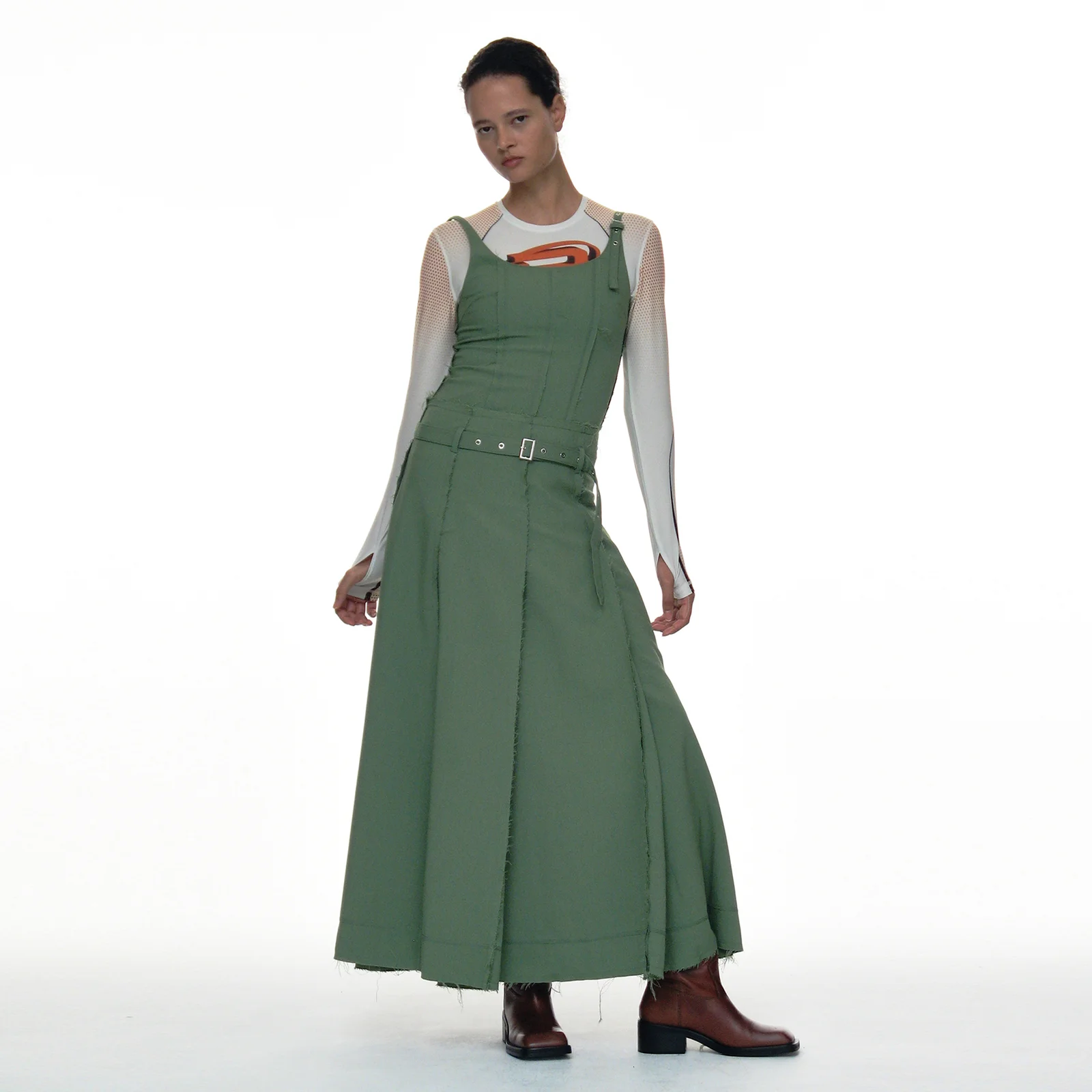 CUT-OFF BELDTED LAYERED DRESS_GREEN