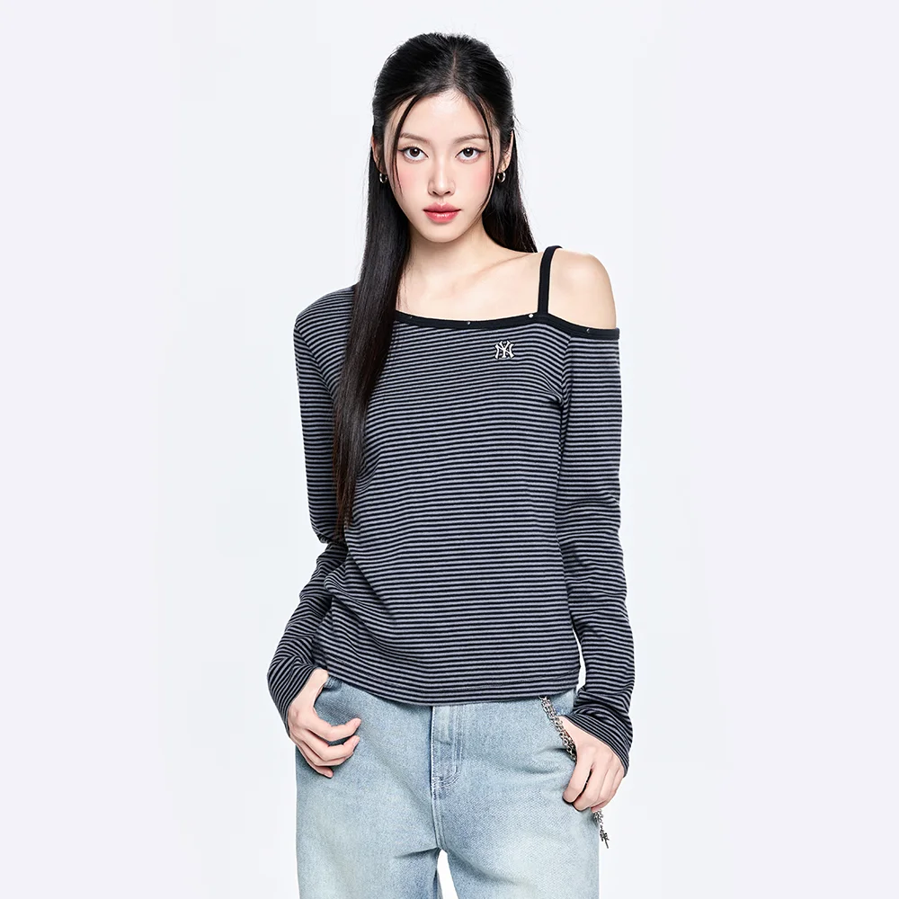 女裝 條紋 鉚釘 點綴 露肩 長袖 T恤 NY (Black)