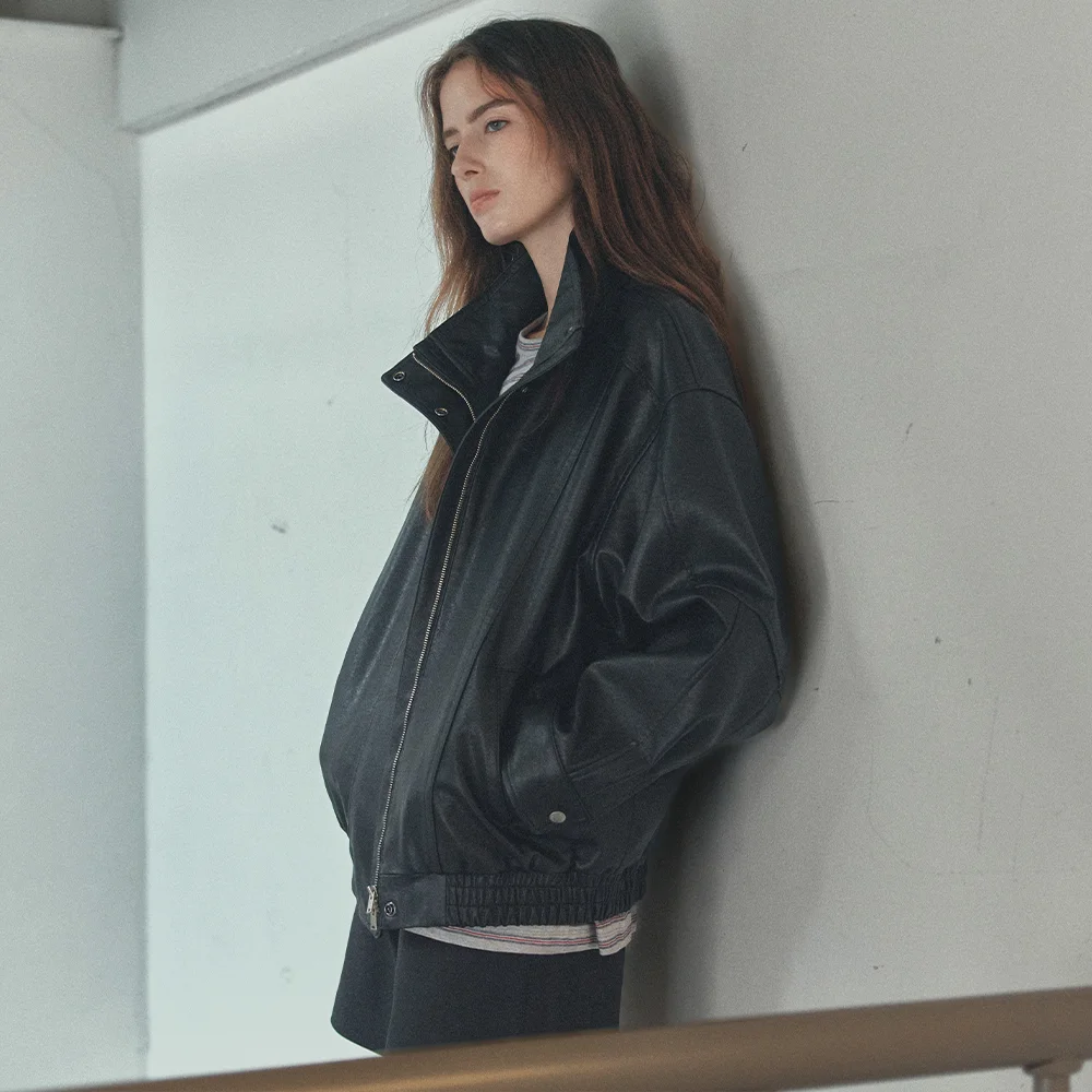 High-neck oversized leather jumper _Black