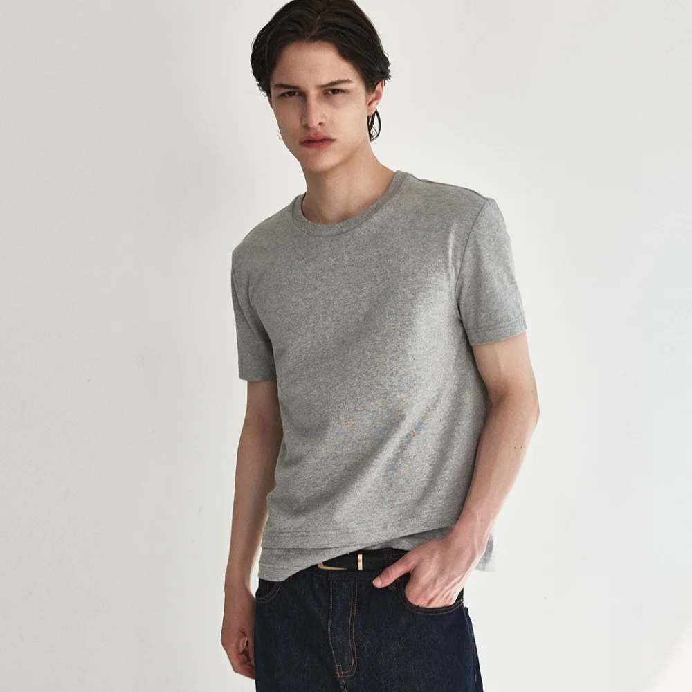 Slant Layer Crop T-Shirt_Melange Grey