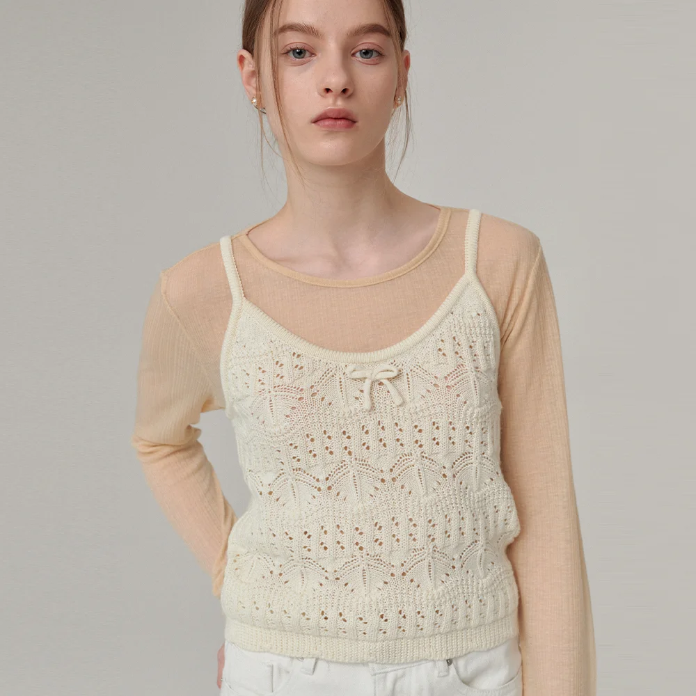 Ribbon point punching bustier knit - Ivory