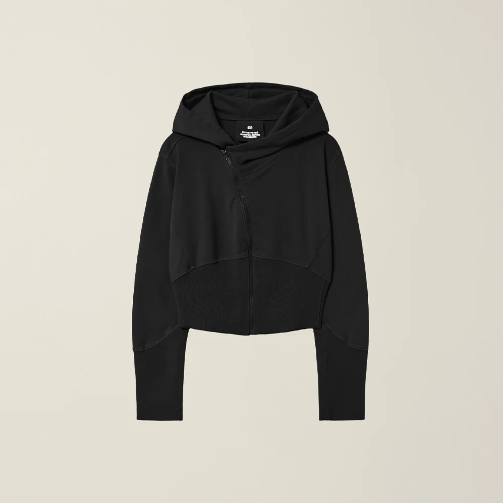 WOMENS GARMENT DYED CURVED HOODED ZIP JACKET BLACK