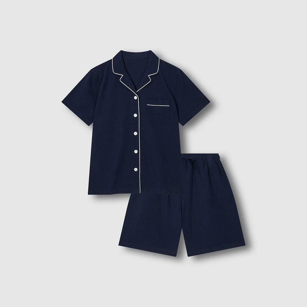 女裝 泡泡紗 5分 睡衣 套裝_海軍藍