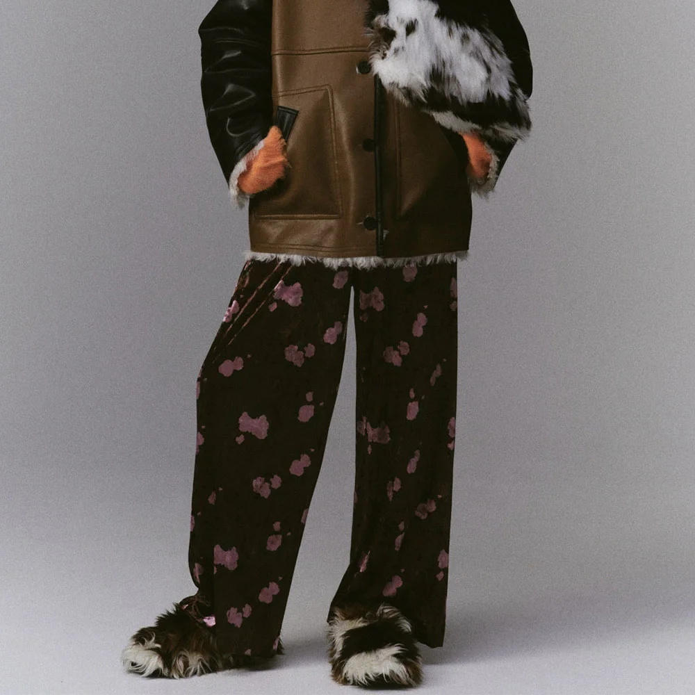 (W) MULTI-FABRIC VELVET EASY PANTS (BRN)