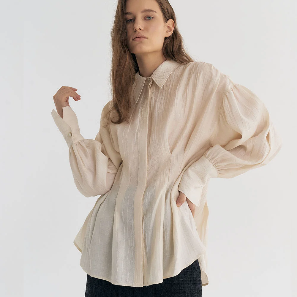 Crinkled Volume Sleeve Pleated Shirt Blouse (Ivory)