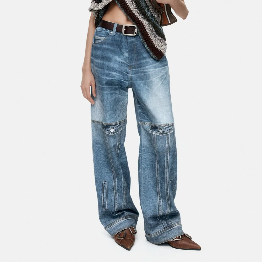 UNISEX CUSTOM-LIKE PRINTED DENIM PANTS apa842u(MID BLUE)
