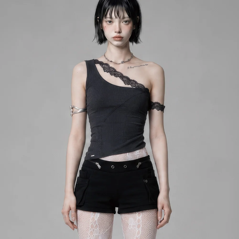 Lace One-Shoulder Shirring Top (Charcoal)