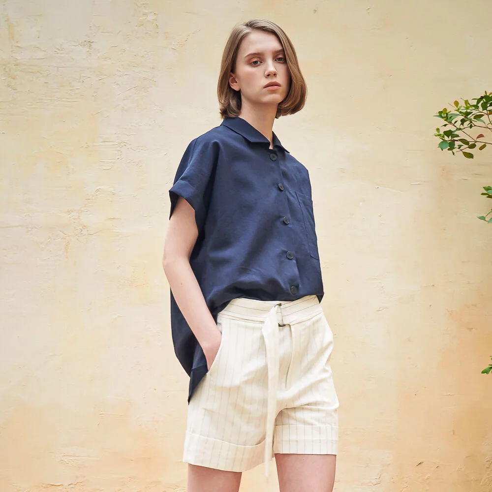 Rita Stripe Linen Short Pants_White