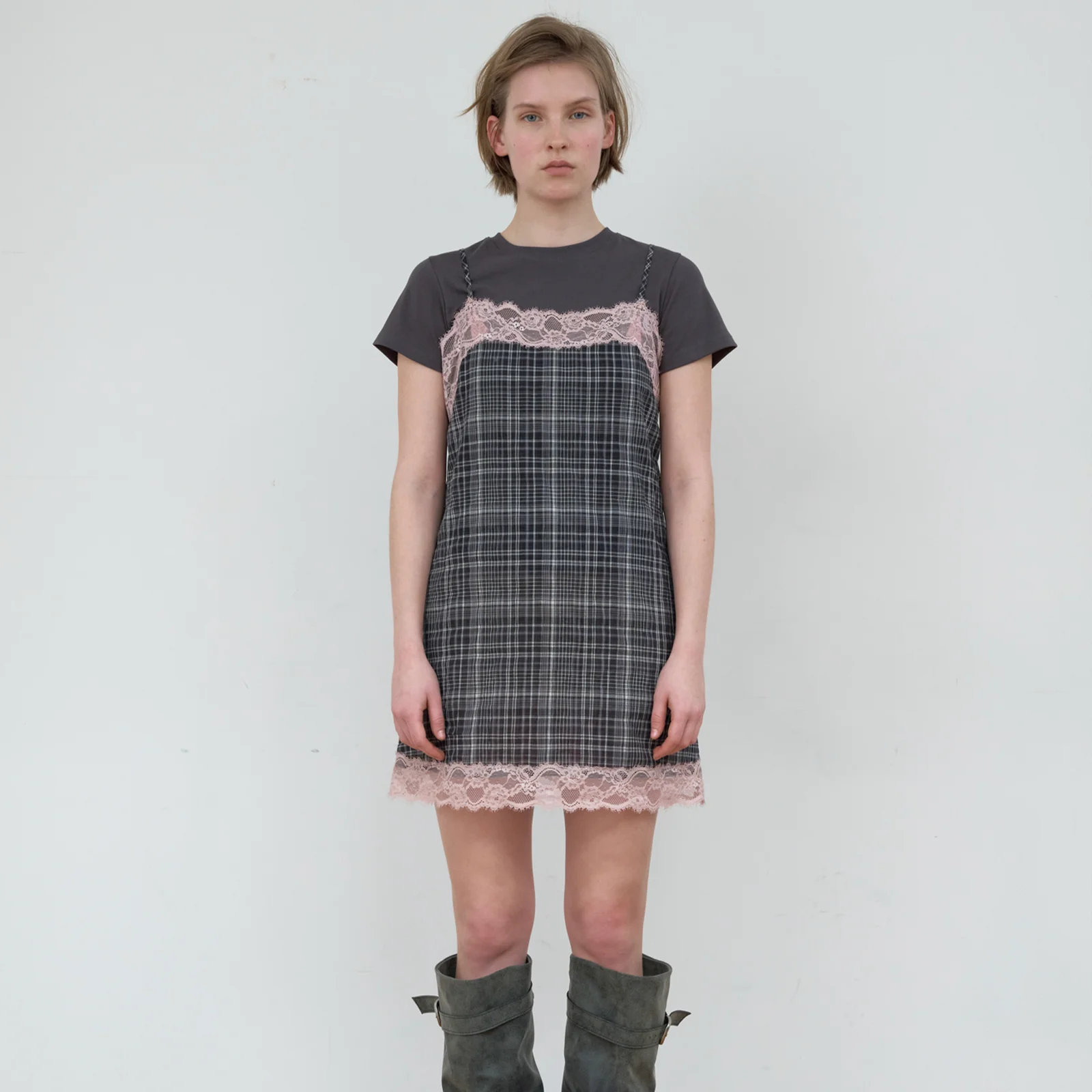 CHECK LACE DRESS_CHARCOAL