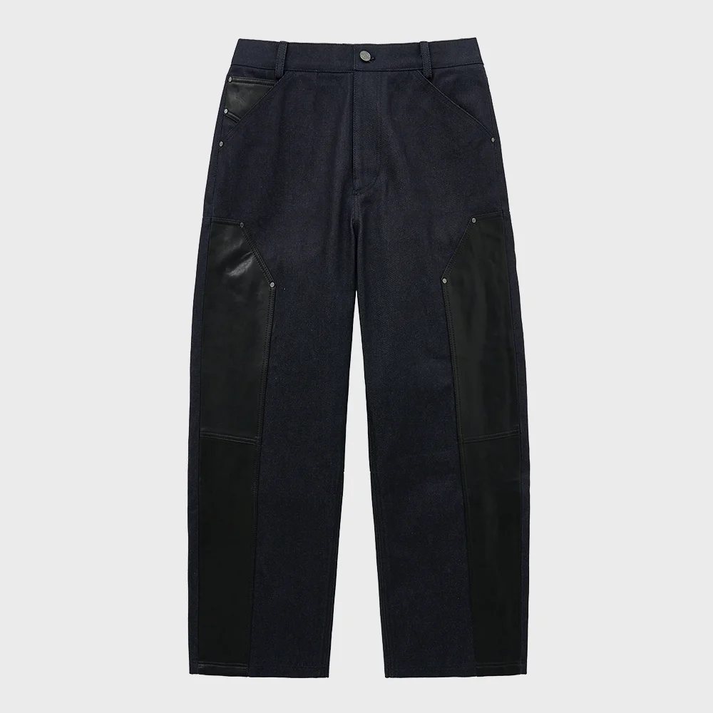 LEATHER MIX DENIM PANTS (INDIGO)