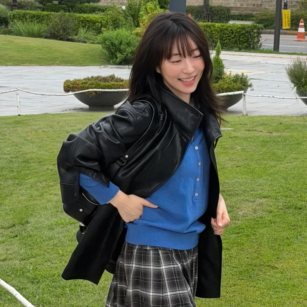 Stand Collar Leather Jacket in Black VL6AJ908-10