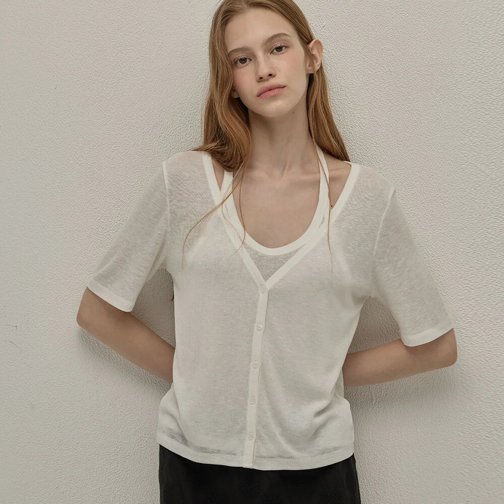 Linen combination cardigan - White