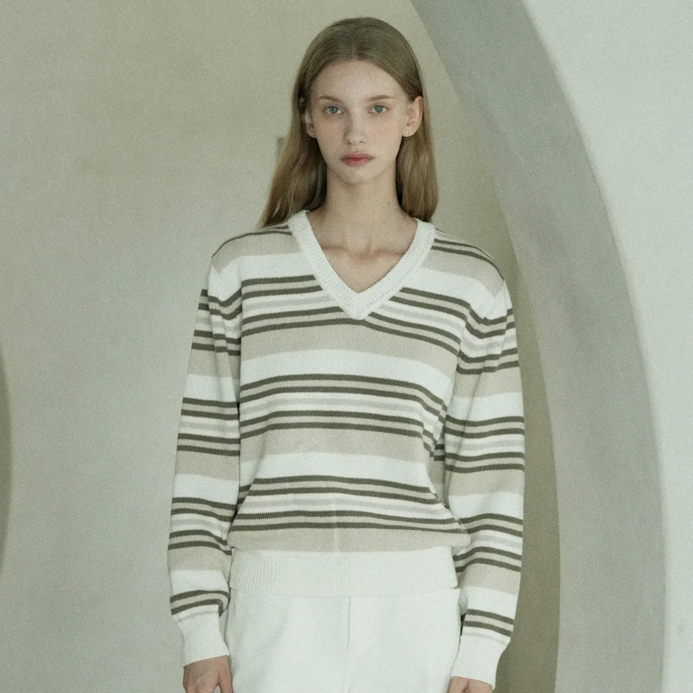 Cotton V-neck Striped Knit (beige)