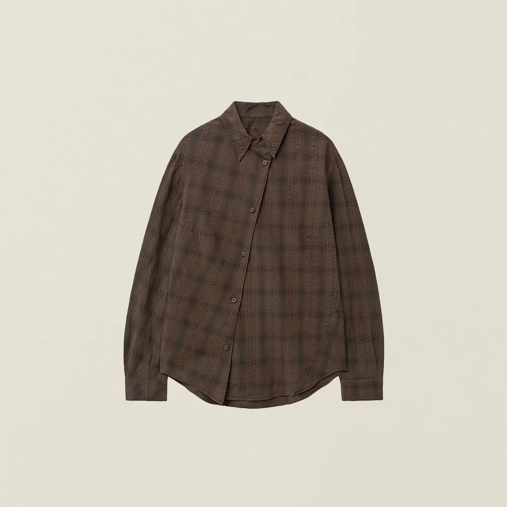 WOMENS GARMENT DYED CURVED CHECK SHIRT BROWN