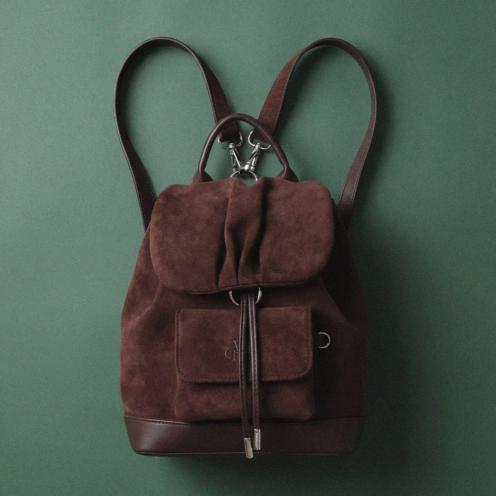 Suede shirring mini flap backpack _ Choco Brown